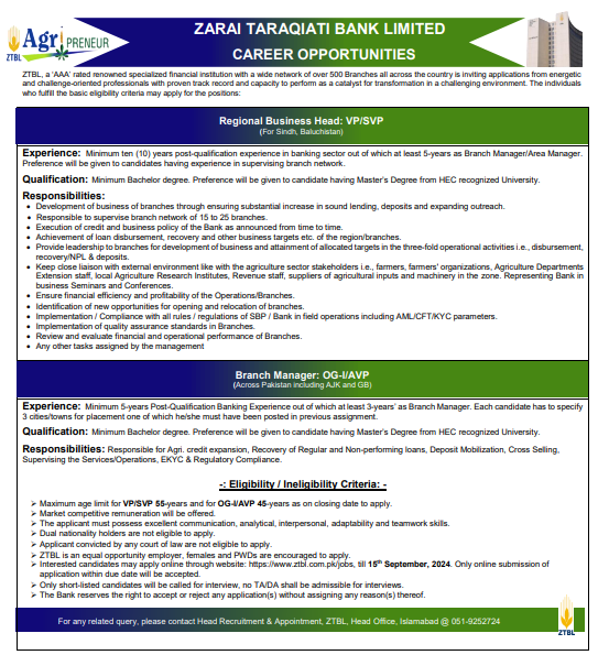 ZTBL Jobs Advertisement 2024